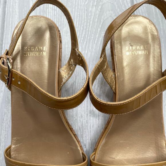 STUART WEITZMAN WOMEN'S TAN PATENT LEATHER STRAPPY CORK WEDGE SANDALS SIZE 10 - Picture 2 of 10